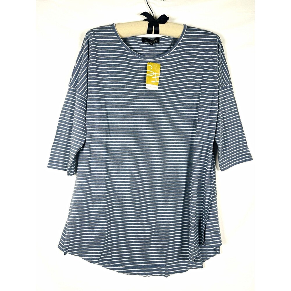 Suzanne Betro Women’s M Blue/White Striped Knit Top, Round Neck, S/Sleeve